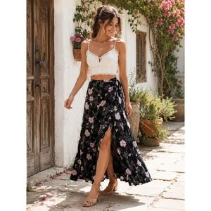 Hollister Black Pink Floral Wrap Maxi Skirt Boho Cottagecore Romantic Flowy